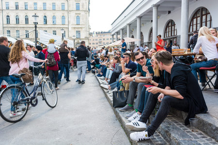 Ljubljana, Slovenia - May 6: People enjoying Odprta kuhna, Open kitchen event, on May 6 2016 in...