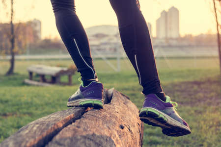 Balance training outdoor in a park. Bodyweight training.の写真素材