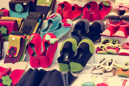 Christmas market selling handmade slippers. Gift ideas.の写真素材