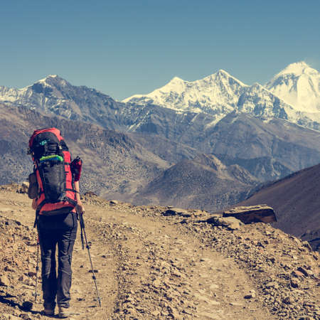 Lonely trekker walking on desert road. Exploring Annapurna circuit trek in Nepal.の写真素材