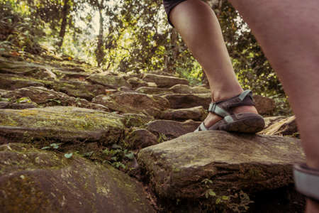 Closeup of female legs wearing sandals ascending forest staircase.の写真素材