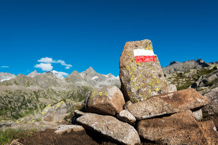 Trail sign along mountain trail.の写真素材