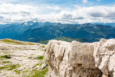 Panoramic mountain view of Italian Dolomites from Passo Groste. Begining of Via Bocchete Ferrata.の写真素材