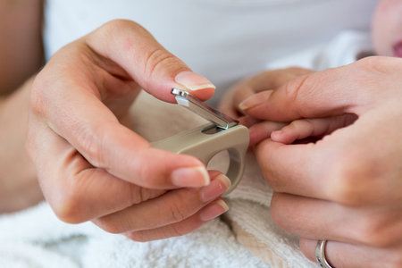 Mother gently cutting her baby nails.