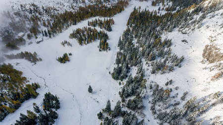 Drop down view of snowy meadow.の写真素材