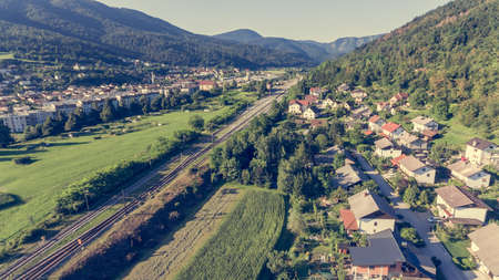 Aerial view of railroad running through a town. Borovnica, Slovenia.の写真素材