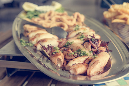 Sea food served on a tray.