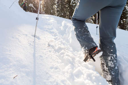 Closeup of hiking boots on a snow path.の写真素材