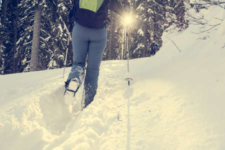 Closeup of hiking boots on a snow path.の写真素材