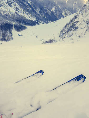 Closeup of skis on a steep slope.の写真素材