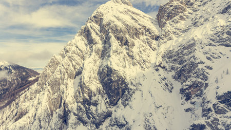Spectacular view of snow covered mountain ridge.