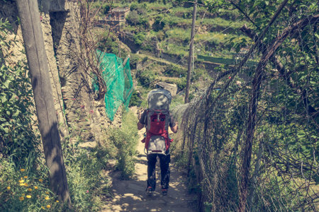 Active father with his child in backpack hiking.