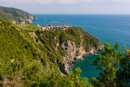 Picturesque village rising above sea.