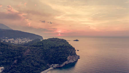 Spectacular aerial view of coastline at sunset.の写真素材