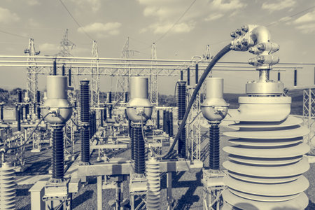 High voltage transformer modern substation electrical switchyard.