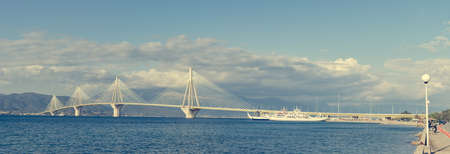 Spectacular panoramic view of metal suspenision bridge. Patras, Greece.の写真素材