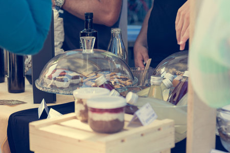 Delicious dairy products sold at outdoor market place.