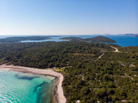 Spectacular aerial sea landscape of sandy beach and crystal clear water.の写真素材