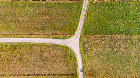 Drop down view of dirt road T-junction surrounded with fields.