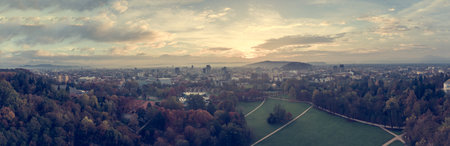 Spectacular morning panoramic city view of Ljubljana.
