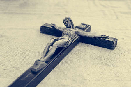 Hand size crucifix - Jesus on wooden cross relic.の写真素材