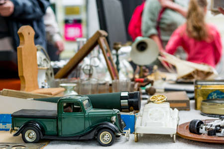 Many various items being sold on outdoor flee market.の写真素材