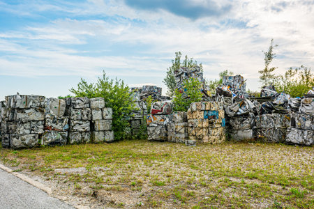 Compressed aluminium scrap in large cubes forming landfill in piles. Reusing and recycling waste material.の写真素材