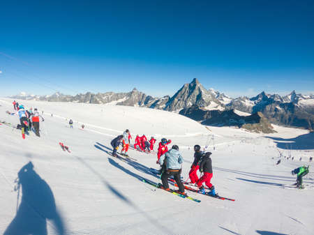Cervinia, Italy - July 18, 2020: Skiers enjoying summer skiing on Plateu Rosaのeditorial素材