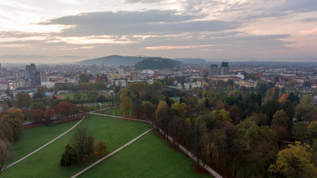 Spectacular morning panoramic city view of Ljubljana.の写真素材