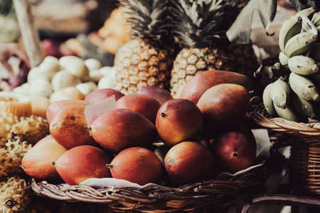 Fresh exotic fruits in Mercado Dos Lavradores. Funchal, Madeira, Portugalの写真素材