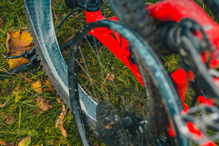 Defect on the mountain bike - flat tire of a tubeless setup exposing the white milk or sealant of a mtb tyre.の写真素材