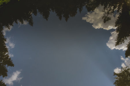 Reflection of trees in the blue lake of Podolerteich in Austria on a sunny day.