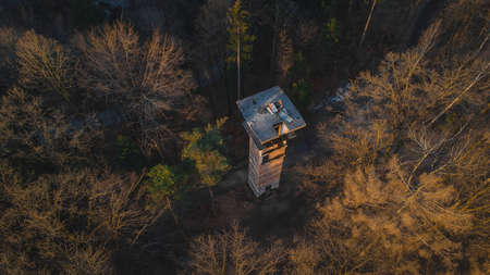 Early morning drone panorama photo of abandoned ski jump tower in Mostec, Ljubljana. Relic of an old ski jumping hill in the Slovenian city.の写真素材
