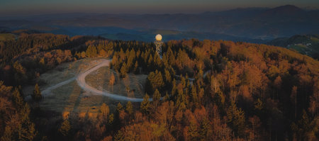 Aerial drone panorama view of a rain radar or meteorological doppler radar for measuring...