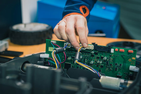 Serviceman stripping and removing electric components on robotic lawnmower, motorized lawnmower being serviced on a table after a year of use in the mud and grass. Regular maintenance of robotic lawnmowerの写真素材