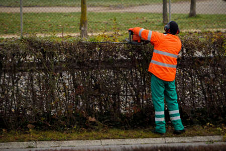 A professional gardener is trimming a hedge next to a train track and a road while using protective equipment, such as visibility pants, vest and earphones.の写真素材