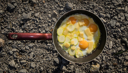 Camper style outdoor breakfast with a pan with eggs, zucchini, cheese and butter. LCHF style breakfast outdoors.の写真素材