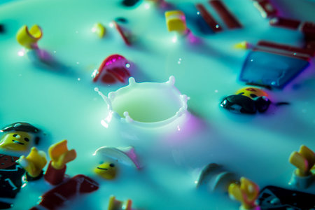 LJUBLJANA, SLOVENIA, 1.1.2018: Splash and crown of liquid or water in a container with toy figures...