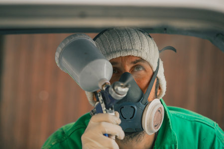 Caucasian man is spraying color with a compressed air paint gun on the vintage car as a restoration project. Man wearing protective equipment such as mask and gloves, professional automotive painter.の写真素材