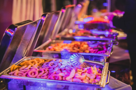 Self service culinary buffet. Evening catering dining food. Concept of evening party food.  Self ...