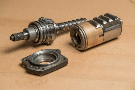 Dissasembled hydraulic steering unit from a car. Visible male spindle and brass piston with teflon...