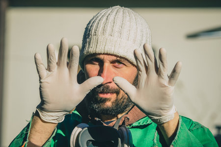 Young male worker showing his hands in protective rubber latex gloves. Person with latex gloves in front of his face, focus on the face.の写真素材
