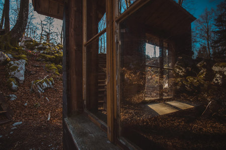 Window detail of cottages hiding in the depths of forest at Kocevje or Kocevski rog. Partisan...