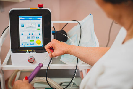 Female doctor is holding a laser used for vaginal treatment of incontinence, Visible ray of laser...