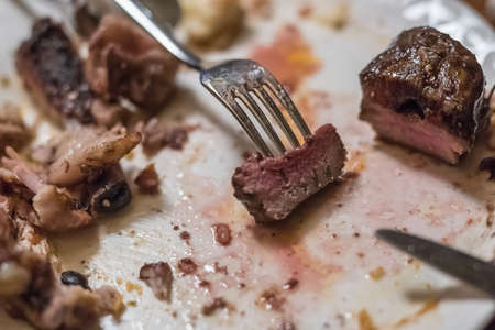 Aftermath of a dinner.  forks visible stabbing  one of the last chunks of rare meat on a plate full of food leftovers.の写真素材