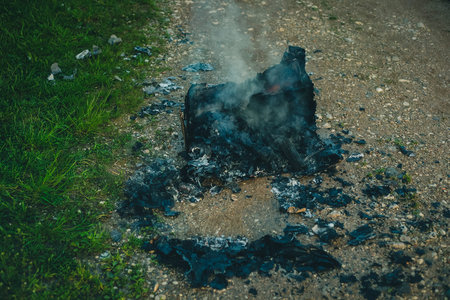 Leftovers of fake cardboard grill which was burning hard. Cardboard grill made out of fun or for a...