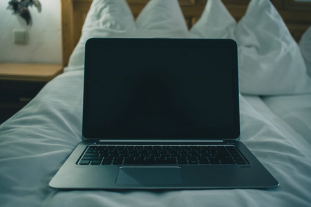 Frontal view of a laptop keyboard sitting on a bed in hotel room. Vintage hotel room with laptop on...