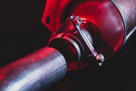 Exhaust joint or binding, seen with a clamp and silencer or muffler. Red and blue dramatical modern lighting.の写真素材