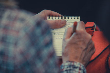 Unknown older woman making notes with a pen in a paper notebook. View from over the shoulder.の写真素材