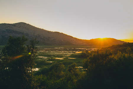 Early morning panorama of marshes around the skadar lake in Montenegro on warm summer morning.の写真素材